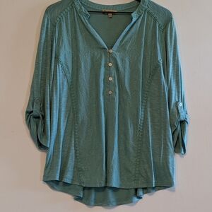 Democracy XL Aqua/Teal Embroidered Boho Peasant Tunic Roll Tab 3/4 Sleeve Blouse
